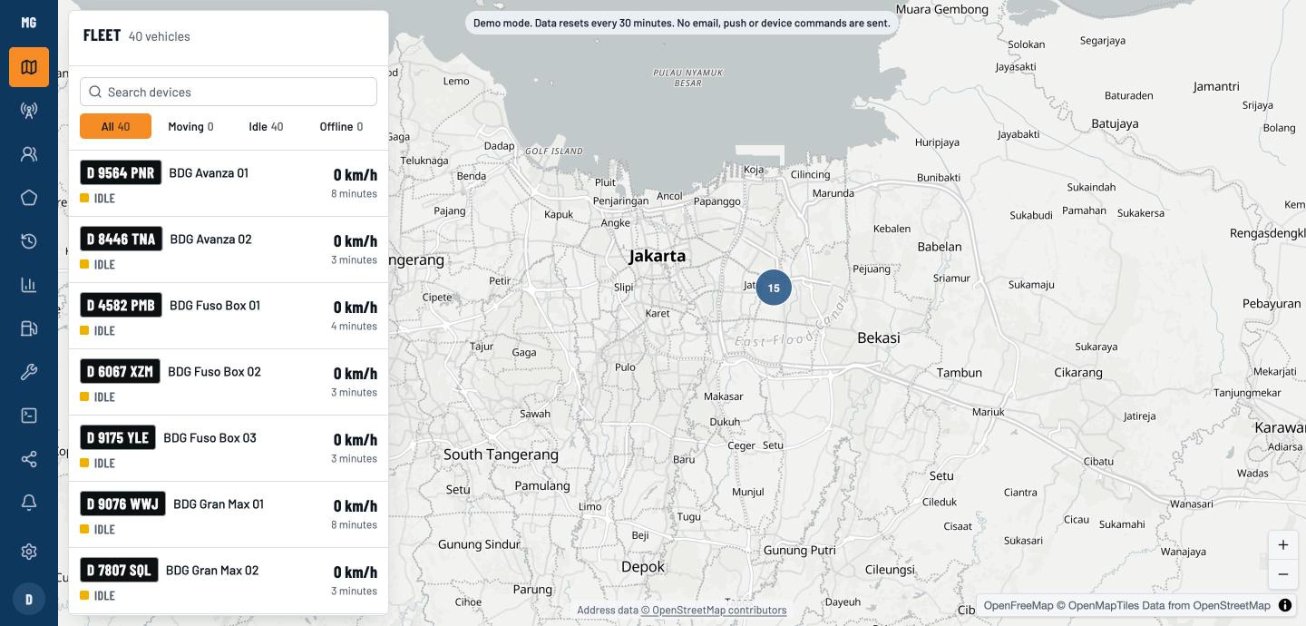 Peta langsung MitraGPS dengan daftar armada berpelat nomor. Data demo sintetis.